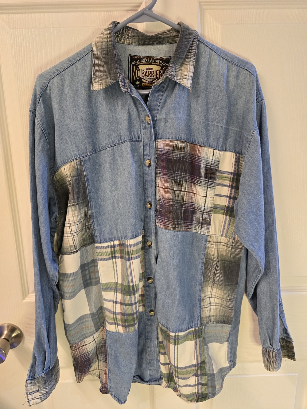 Light Blue Denim Patchwork Button-Down Shirt